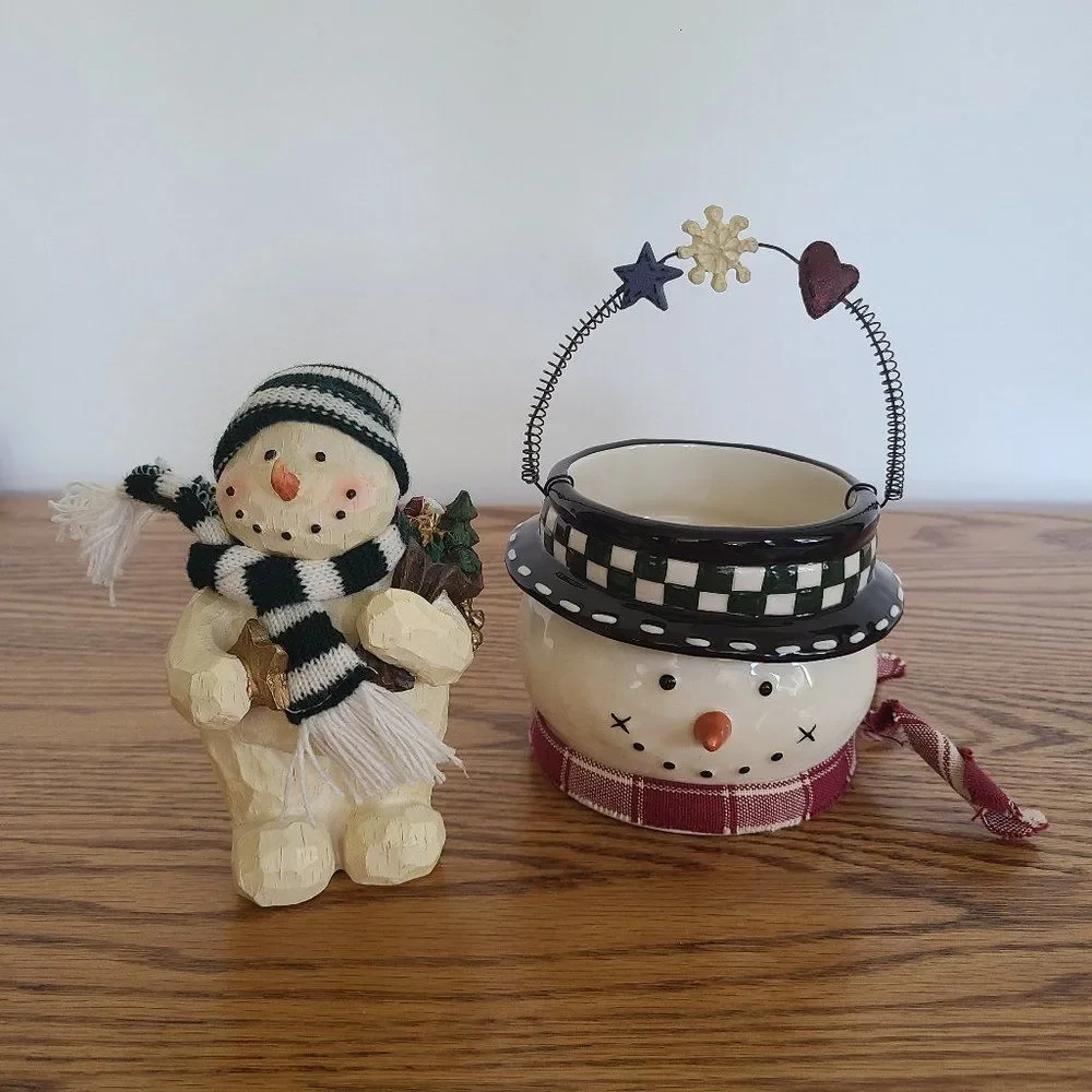 Vintage Wood-Look Snowman Figurine & Ceramic Snowman Bucket Pail Snowman Lot